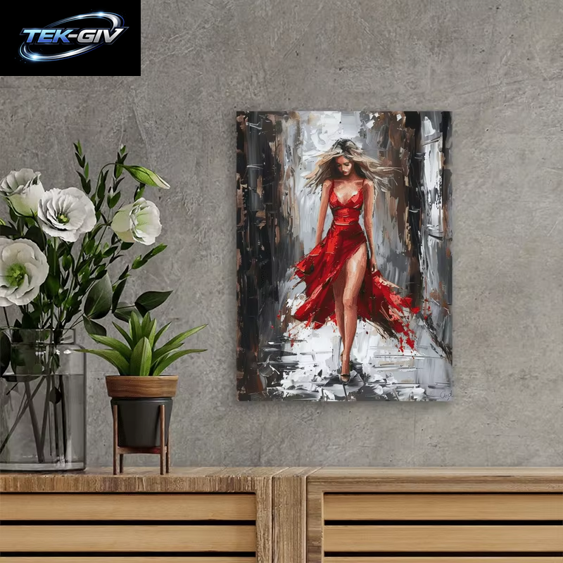 1 Stück Holzgerahmtes Leinwand-Ölgemälde – Elegante Frau Im Roten Kleid, Klassenzimmer Oder Wanddekoration, Bürokunstwerk, Lebendige Wandkunst