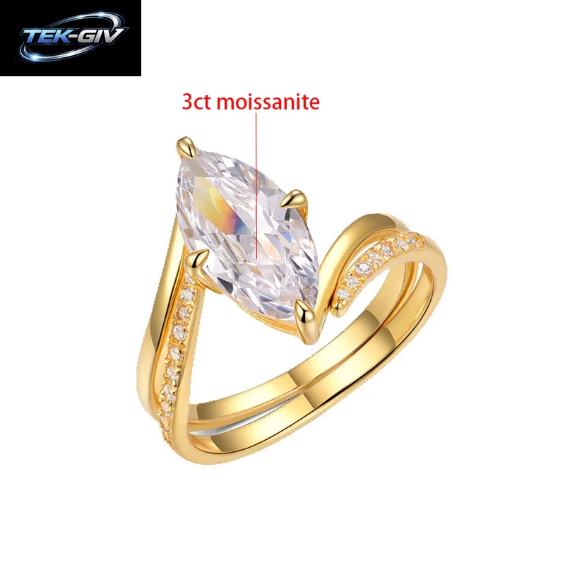TFGLBU D-Farbe 3CT Marquise-Schliff Moissanit-Ringset Für Damen, Hochzeitsantrag, Labor-Diamant, Massives S925 Silber, 18K Vergoldeter Schmuck