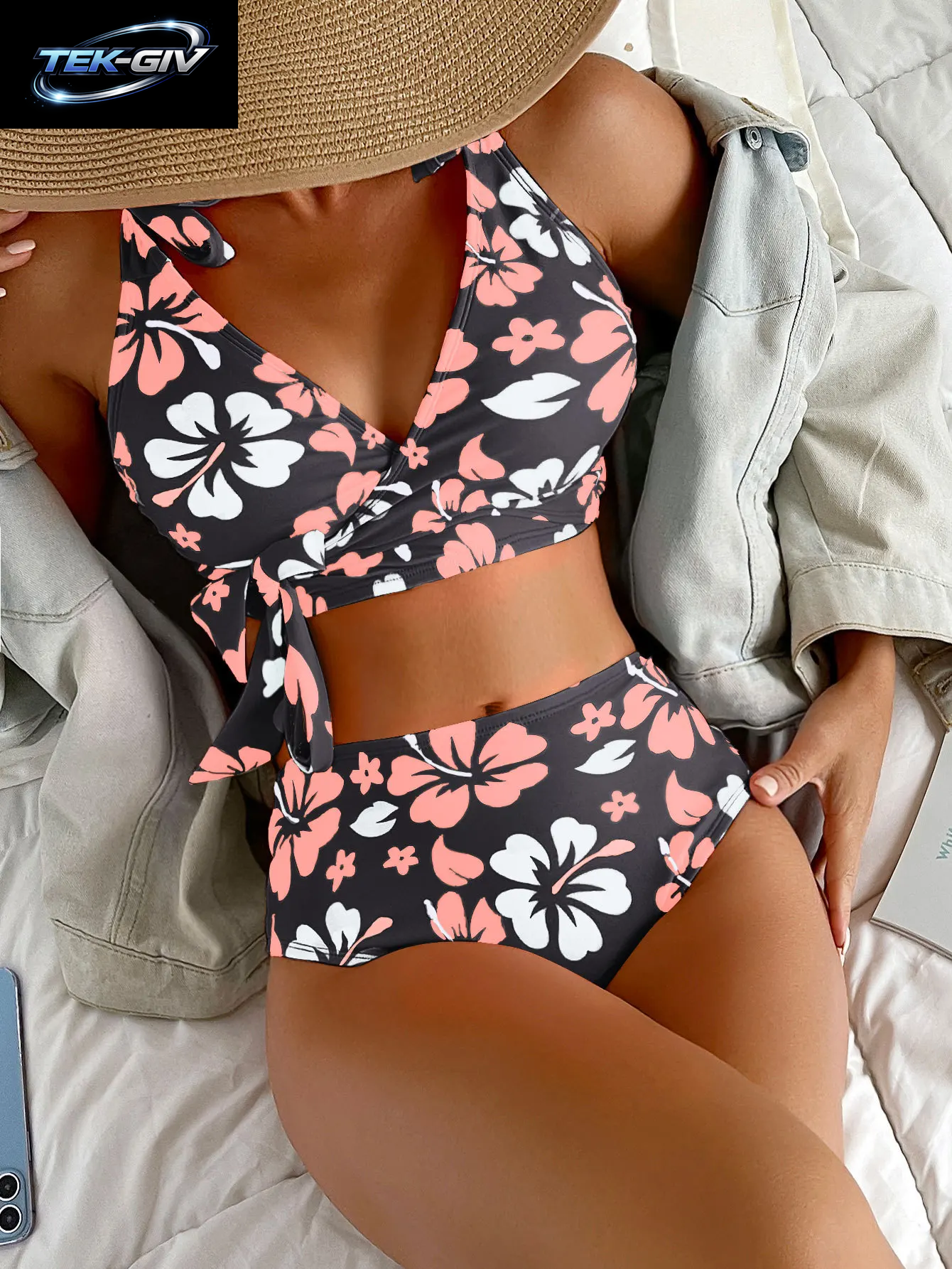 Sexy Schwarzes Bikini-Set Mit Blumenmuster 2026 Damen V-Ausschnitt Kreuz-Push-Up-Bh Hochgeschnittener Badeanzug Strand-Bademode Urlaubs-Schwimmanzug