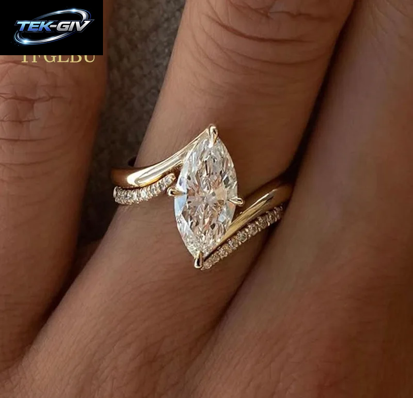 TFGLBU D-Farbe 3CT Marquise-Schliff Moissanit-Ringset Für Damen, Hochzeitsantrag, Labor-Diamant, Massives S925 Silber, 18K Vergoldeter Schmuck