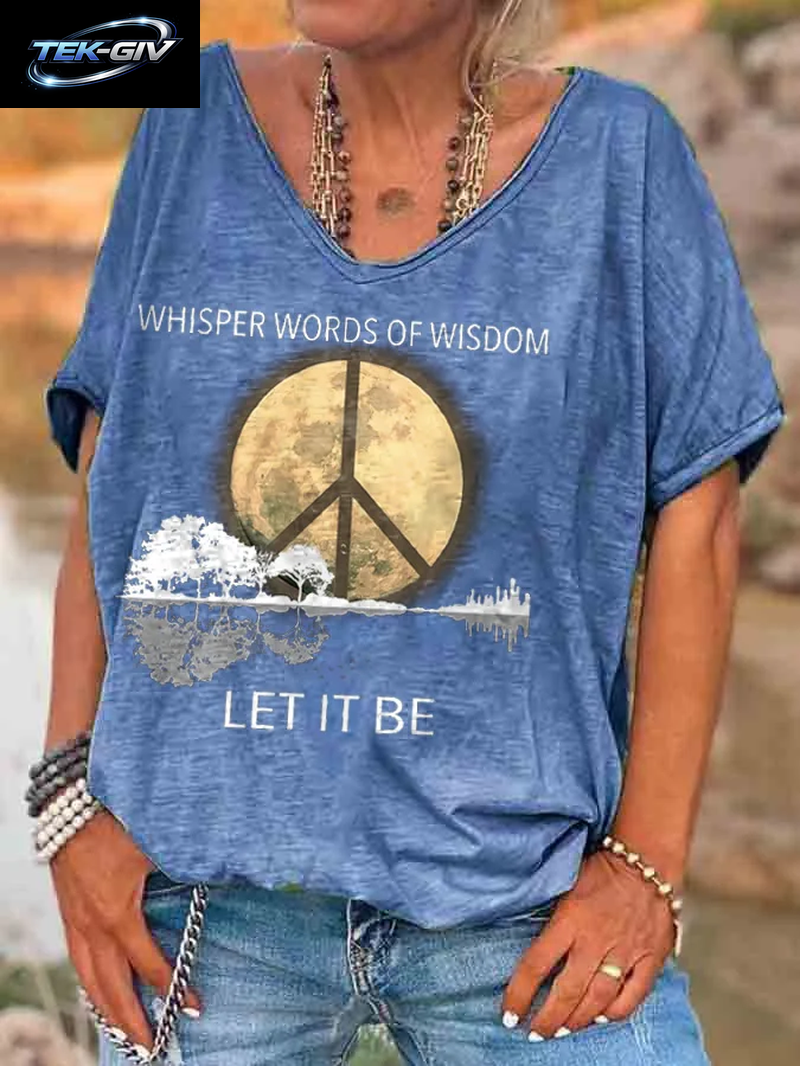 Damen-T-Shirts Mit Hippie-Let-It-Bet-Print, Damen-T-Shirt Mit V-Ausschnitt, Kurzärmelig, Lässige, Lockere Oberteile