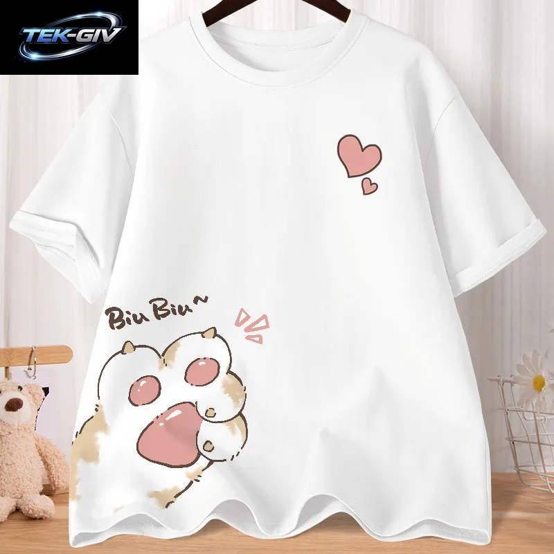 Sommer Cartoon Nette Süße Katze Klaue Liebe Gedruckt Kurzarm T-Shirt Frauen Lose Jugend Student Halbe Hülse Übergroßen Shirt Top