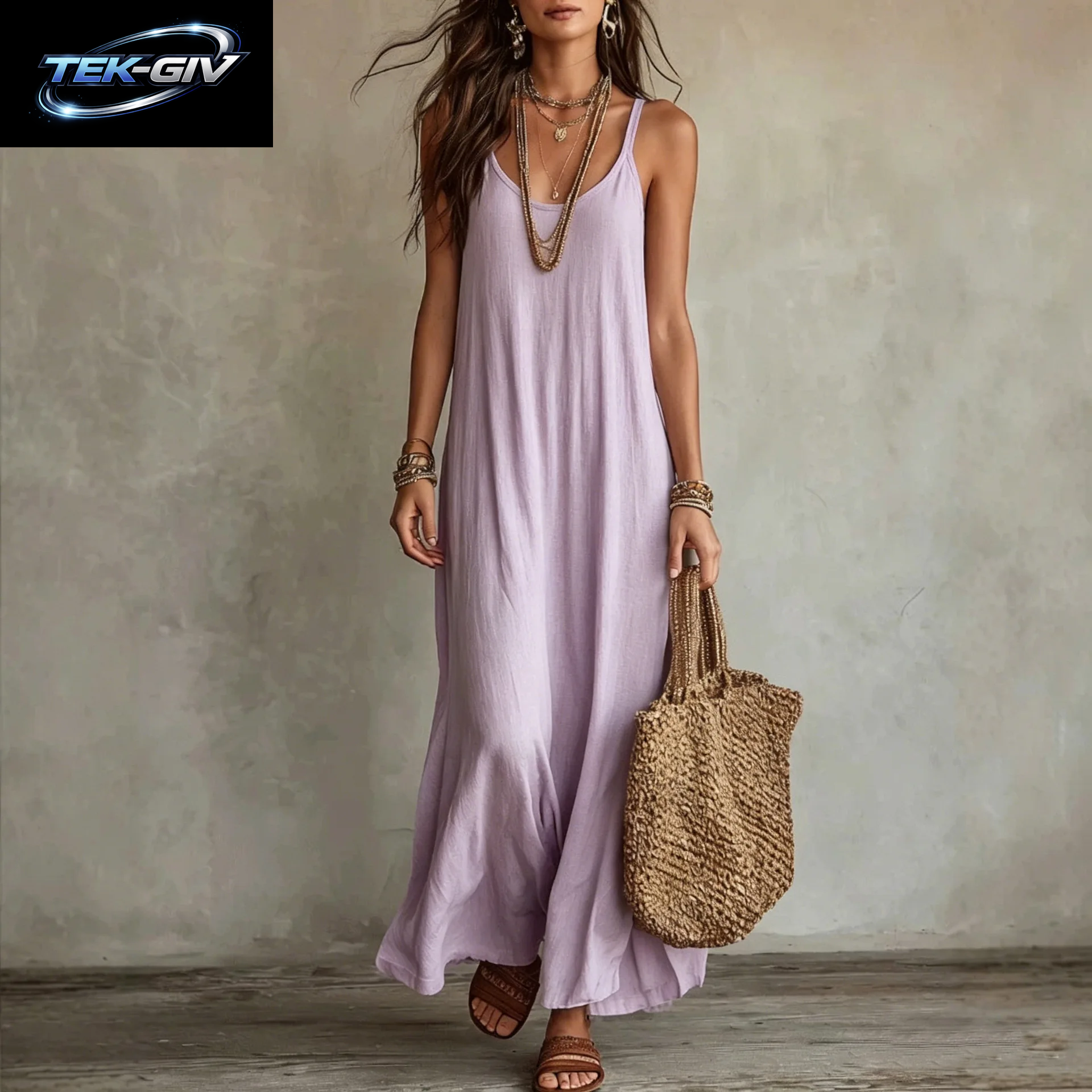 Rückenfreie Cami-Kleider Sommer Damen Boho-Kleid Spaghetti-Träger Ärmellos Lässiges Maxikleid Langes Sommerkleid Urlaubs-Strandkleidung