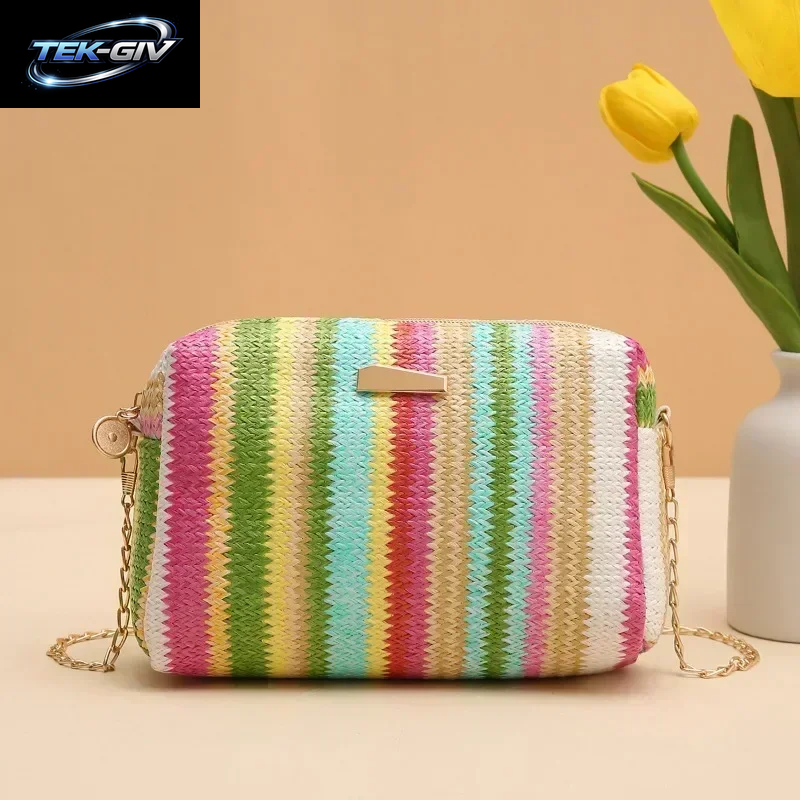 Rattan Stricken Frauen Stroh Tasche Strand Sommer Kette Kleine Geldbörse Und Handtasche Weibliche Schulter Umhängetaschen Reise Design Flap Bag