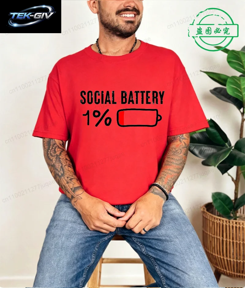 T-Shirt Für Männer, Social Battery 1 Percent, Lustiges Introvert-T-Shirt, Herren-Tops, Freizeitkleidung, Übergröße, Vintage-Kleidung, Trend-T-Shirt