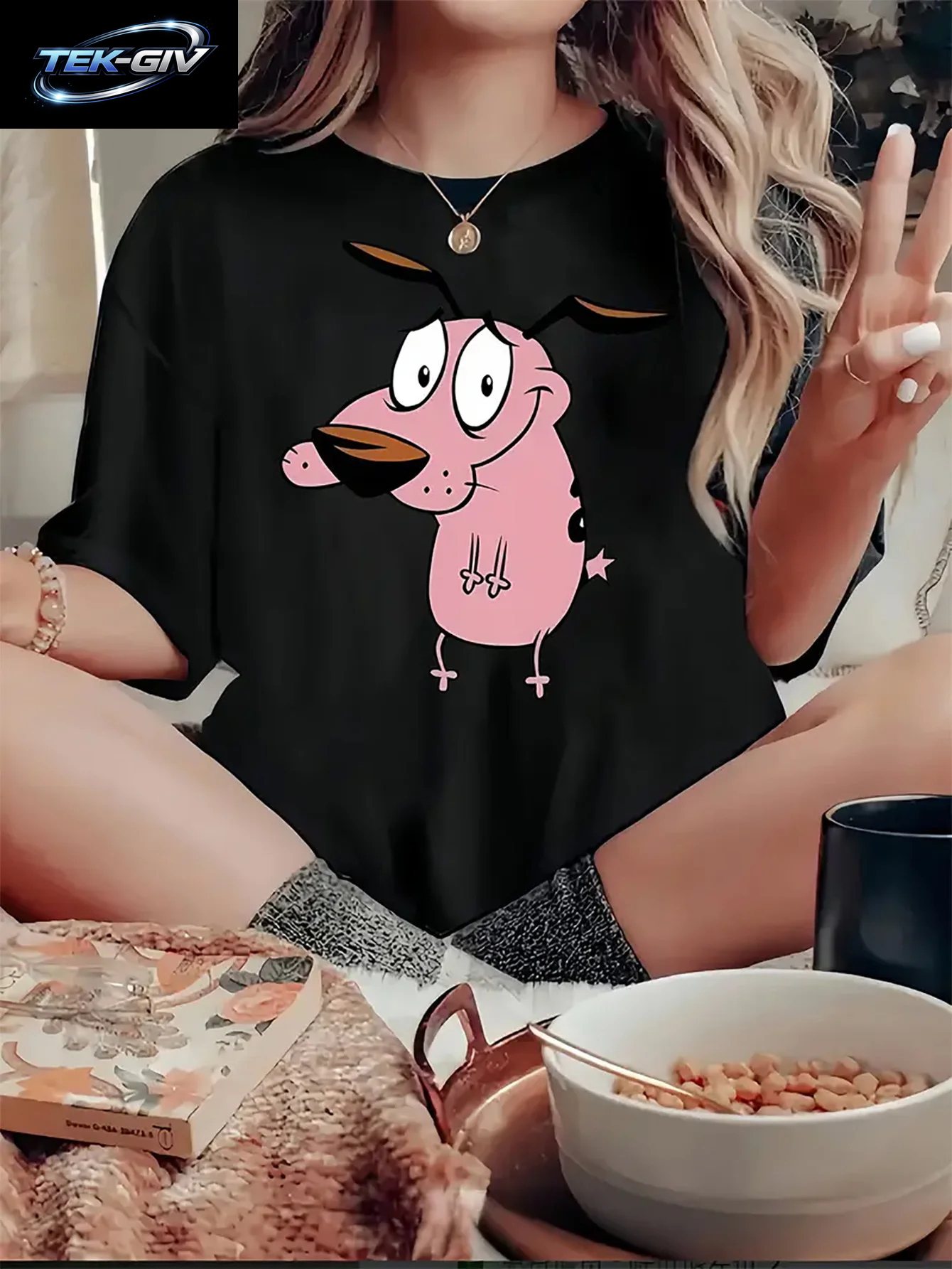 Damen-T-Shirt „Courage the Cowardly Dog“, Kreativ Bedruckt, Für Den Sommer, Rundhalsausschnitt, Kurzärmelig, Lässiges Oberteil, T-Shirt-Kleidung