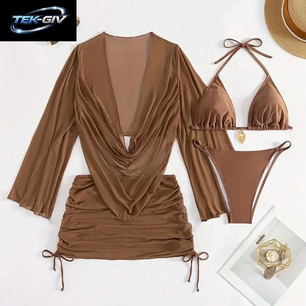4-Teiliges Sexy Einfarbiges Bikini-Set Mit Transparentem Überzug, Geeignet Für Urlaub, Strandparty, Perfekt Für Neujahr Und Valentinstag