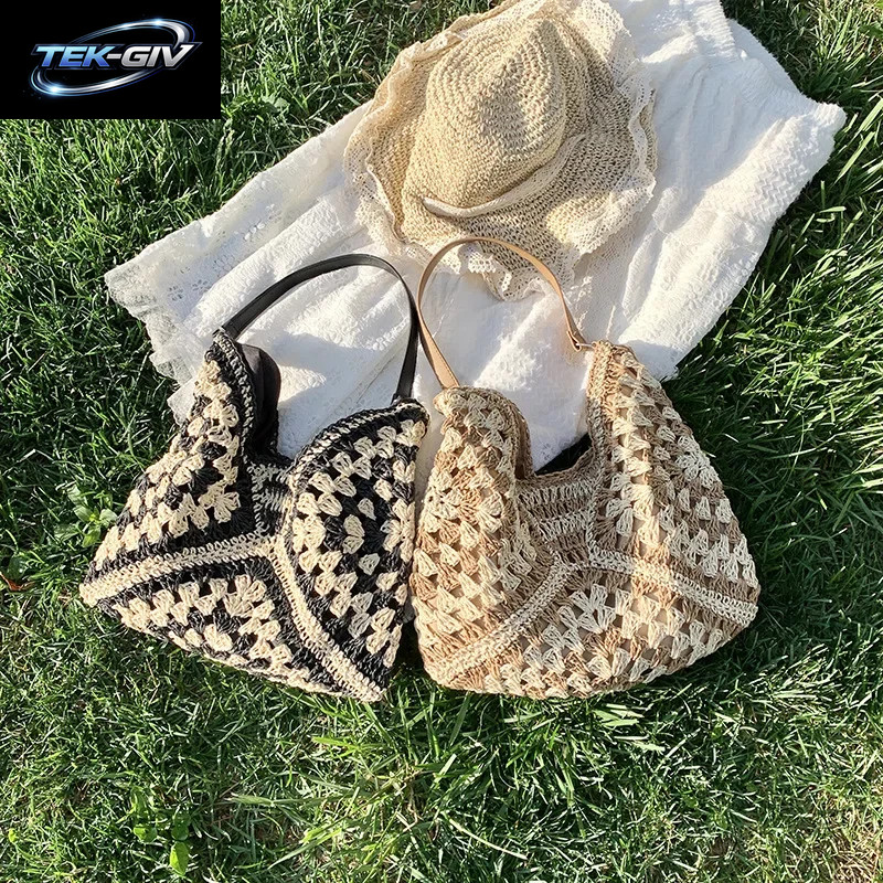 Beliebte Damen-Umhängetasche Aus Gewebtem Stroh, Mittelgroße Handtasche Mit Griff Für Strandurlaub, Große Kapazität, Strandtaschen