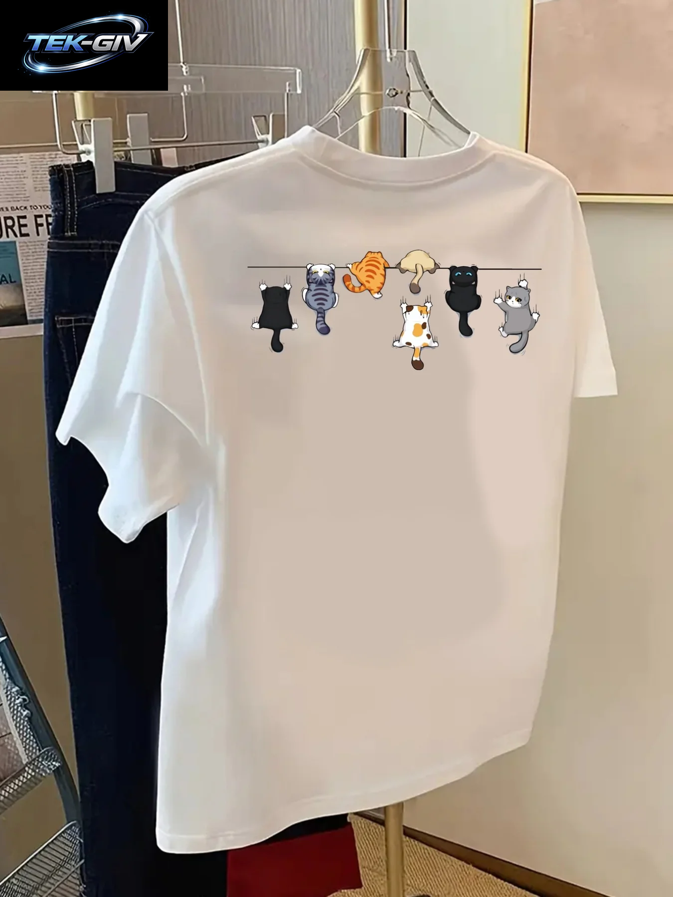Cartoons Cats Prints T-Shirts Sommer Damen Baumwoll-T-Shirts Basic O-Ausschnitt Oversize Kurzarm-Tops Casual Street Woman Kleidung
