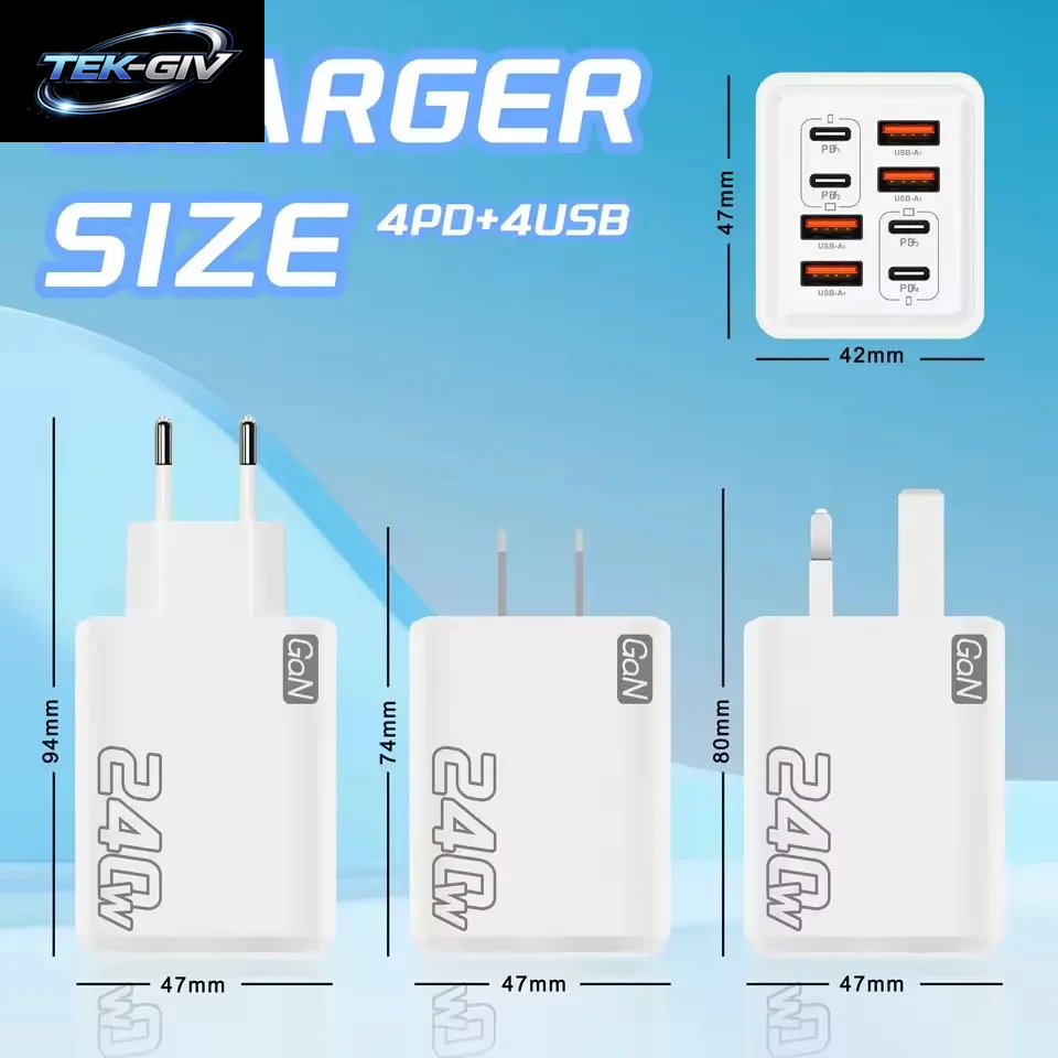 240W Gan Usb-C-Ladegerät 8-In-1 Schnellladegerät Für Iphone, Samsung, Xiaomi, Typ-C, Eu/Us-Stecker, Wandladegerät