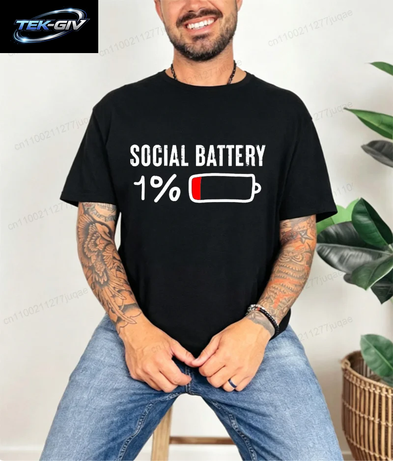 T-Shirt Für Männer, Social Battery 1 Percent, Lustiges Introvert-T-Shirt, Herren-Tops, Freizeitkleidung, Übergröße, Vintage-Kleidung, Trend-T-Shirt