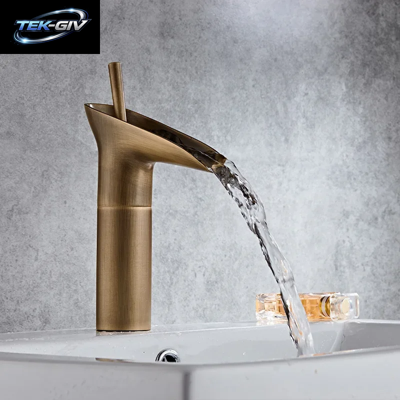 Badezimmerarmatur Einhand-Wasserfall-Waschtischarmatur Messing Antik Warm- Und Kaltwasser Badezimmer-Waschtischmischer Weinglas-Stil Armaturen
