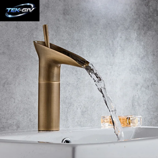Badezimmerarmatur Einhand-Wasserfall-Waschtischarmatur Messing Antik Warm- Und Kaltwasser Badezimmer-Waschtischmischer Weinglas-Stil Armaturen