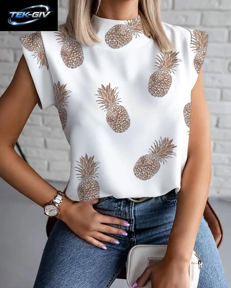 Damen-Bluse Mit Abstraktem Gesichtsdruck, Ärmellos, Stehkragen Und Knopfleiste Für Sommermode