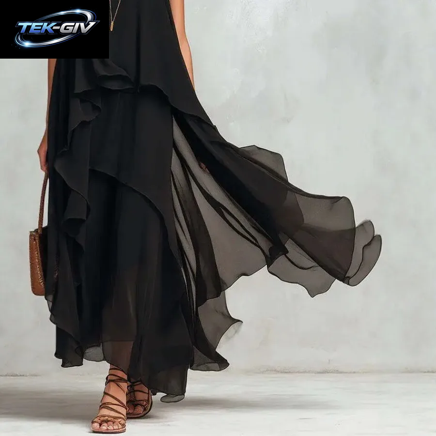 Elegantes Einfarbiges Damenkleid Sommerliches Lässiges O-Ausschnitt Ärmelloses Asymmetrisches Rüschen-Maxikleid Aus Chiffon Für Urlaub Und Partys