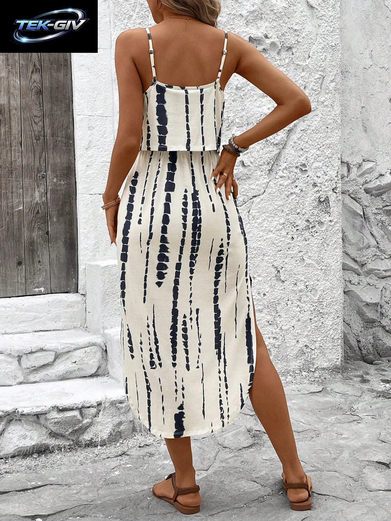 Sommerkleid Mit Spaghettiträgern Für Damen, Gürtel Und Seitenschlitz – Lässiges, Ärmelloses, Fließendes Kleid