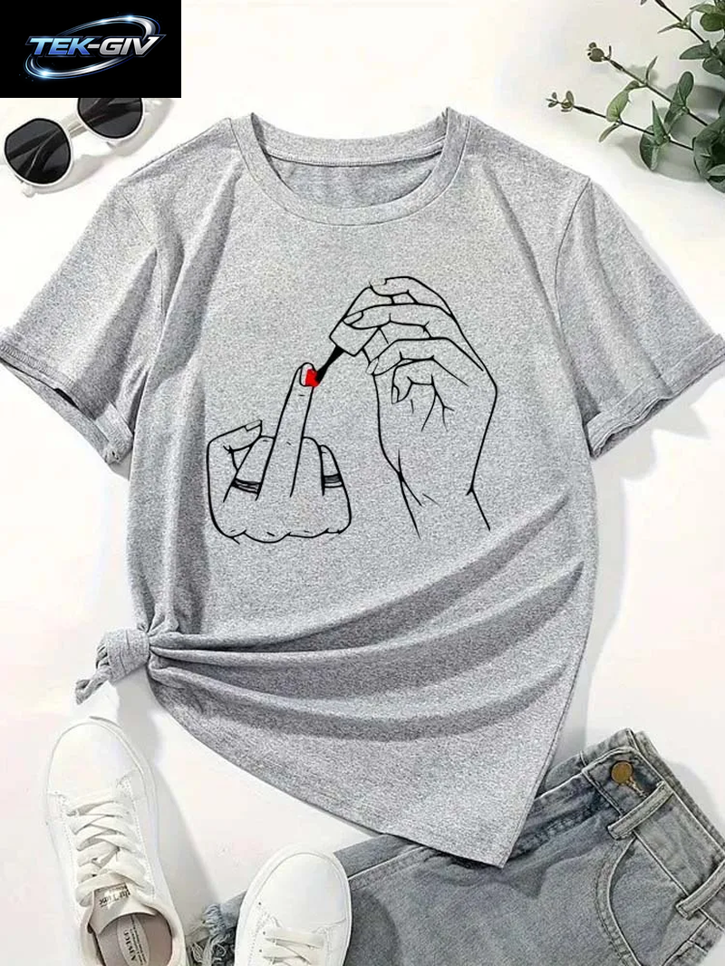 Frauen Mittelfinger Nagellack Drucke T Shirt Sommer Komfortable Weiche Kurzarm Oansatz Tops Casual Weibliche Kleidung
