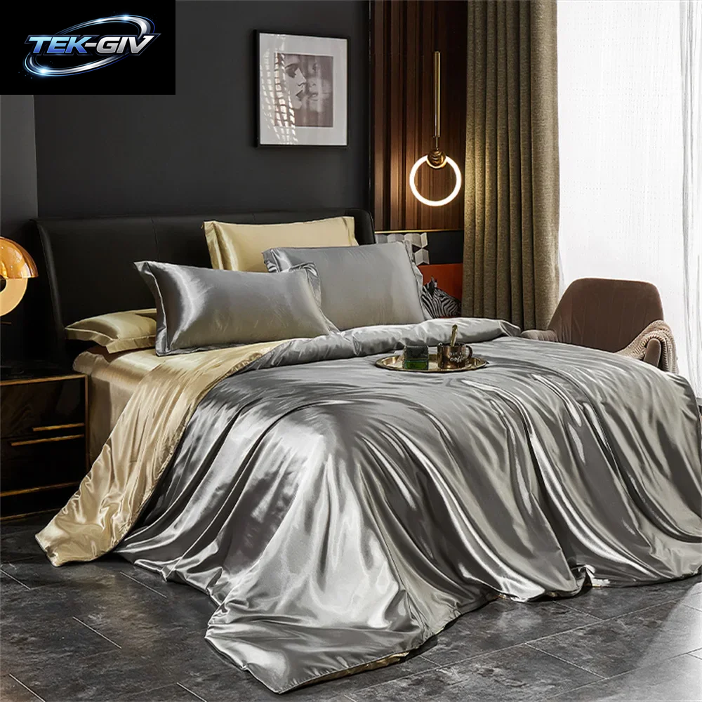 Bettwäsche-Set Aus Massiver Seide Mit Bettbezug, Bettlaken, Kissenbezüge, Luxuriöser Satin, Einzelbett, Doppelbett, Bettlaken, King-Size-Bett, Queen-Size-Bett