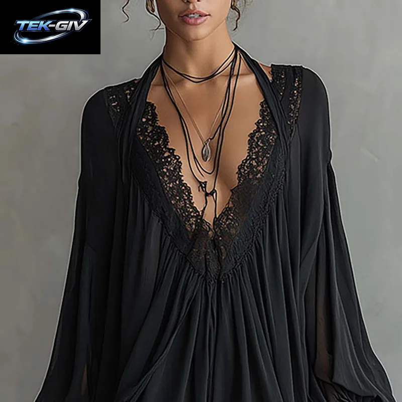 Damen-Minikleid Mit Spitzenbesatz, Tiefem V-Ausschnitt Und Neckholder, Einfarbig, Mit Langen Puffärmeln, Locker Fallendes, Fließendes Kleid, Strand-Cover-Up, Boho-Urlaubskleid, Kurze Kleider