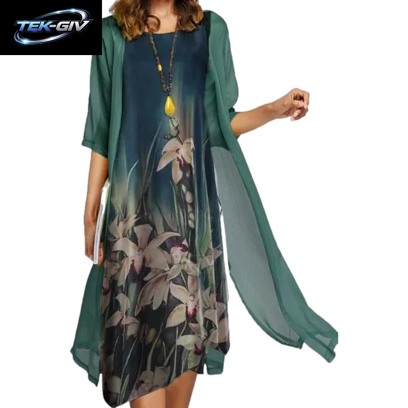 2025 Neu! Eu-Us Sommer-Set Für Damen, Lässig, Eleganz, 2, Bedruckt, Rundhalsausschnitt, Lockeres Kleid, Pullover, Mantel