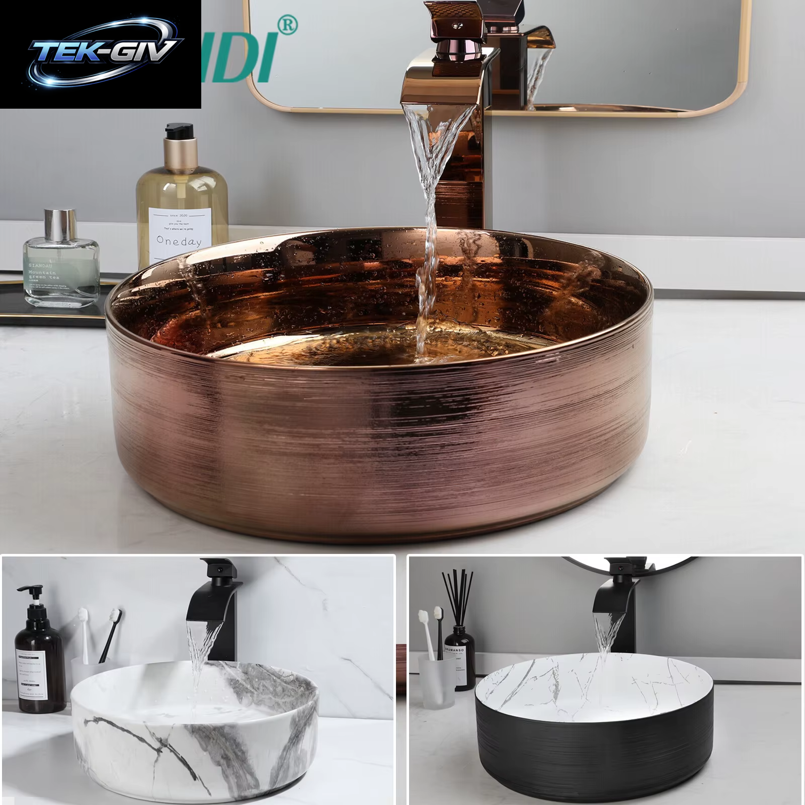 KEMAIDI Badezimmer-Waschbecken-Wasserhahn-Kombination, 35,6 Cm, Schüsselwaschbecken, Roségold, Waschbecken, Rundes Keramikwaschbecken Für Badezimmer, Theke
