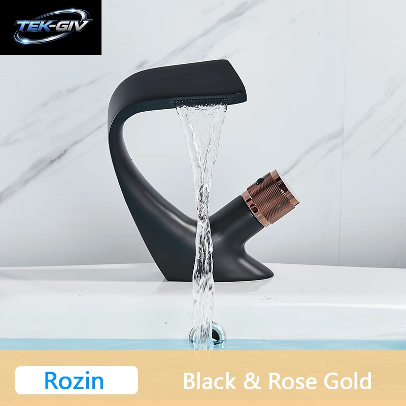 Rozin Matte Schwarz Becken Armaturen Wasserfall Moderne Messing Bad Wasserhahn Deck Montieren Einfache Design Kran Kalten Heißer Wasser Mischbatterie
