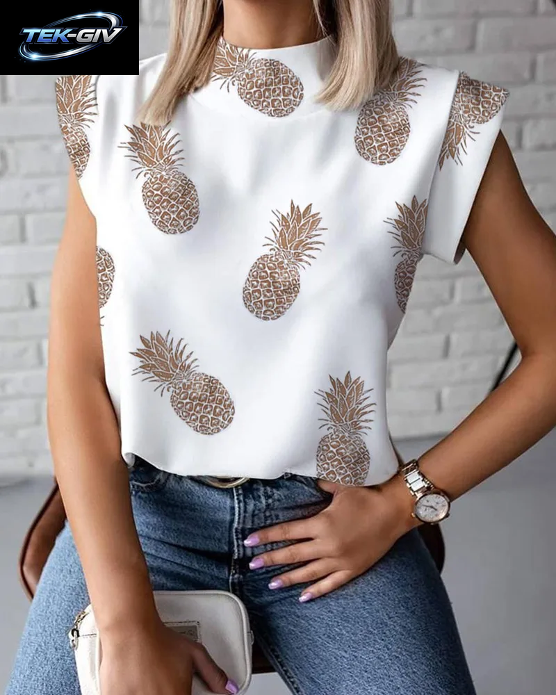 Damen-Bluse Mit Abstraktem Gesichtsdruck, Ärmellos, Stehkragen Und Knopfleiste Für Sommermode