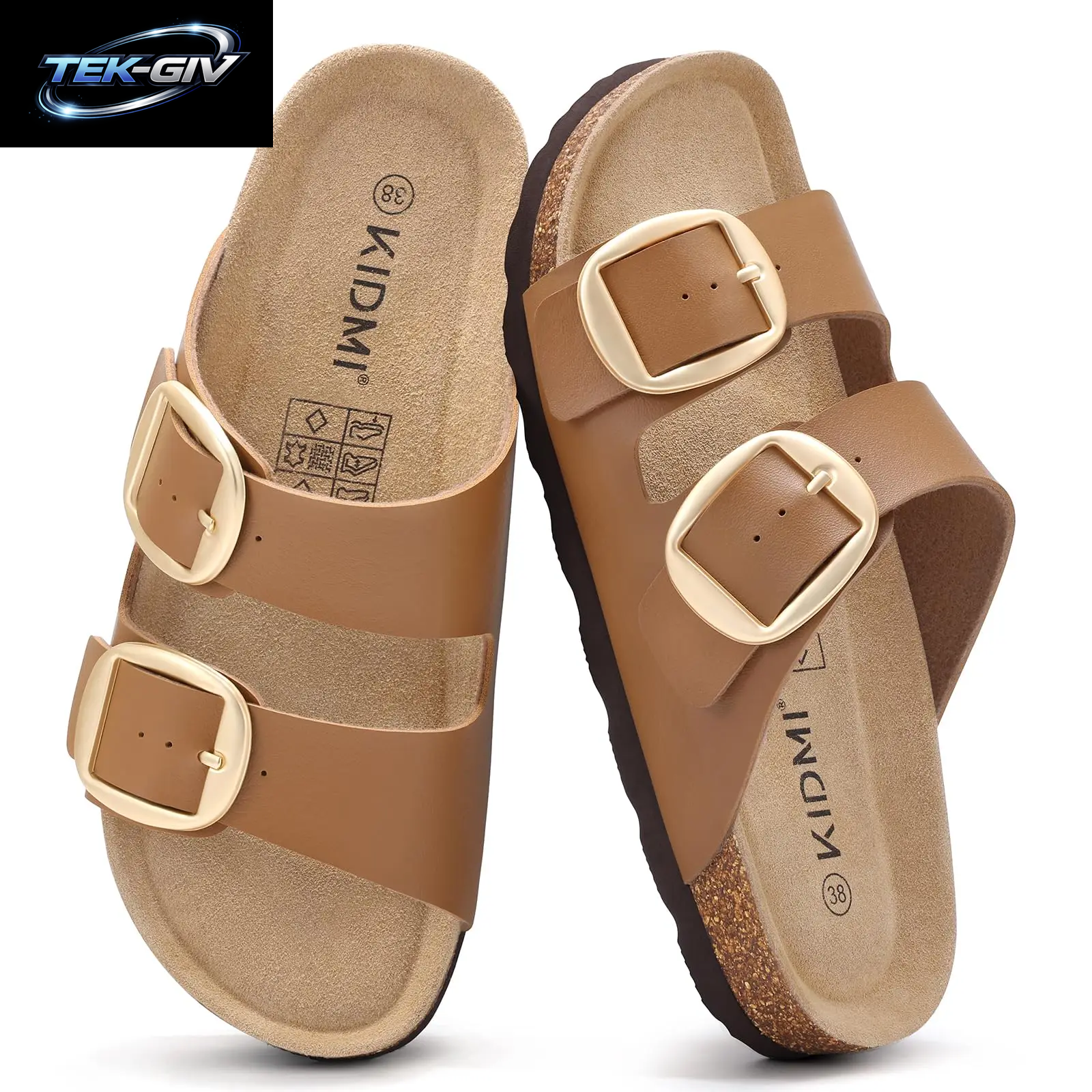 Litfun Damen Kork-Sandalen: Bequeme Leder-Pantoletten Mit Fußgewölbestütze Für Sommer Und Strand, Mit Verstellbarer Schnalle
