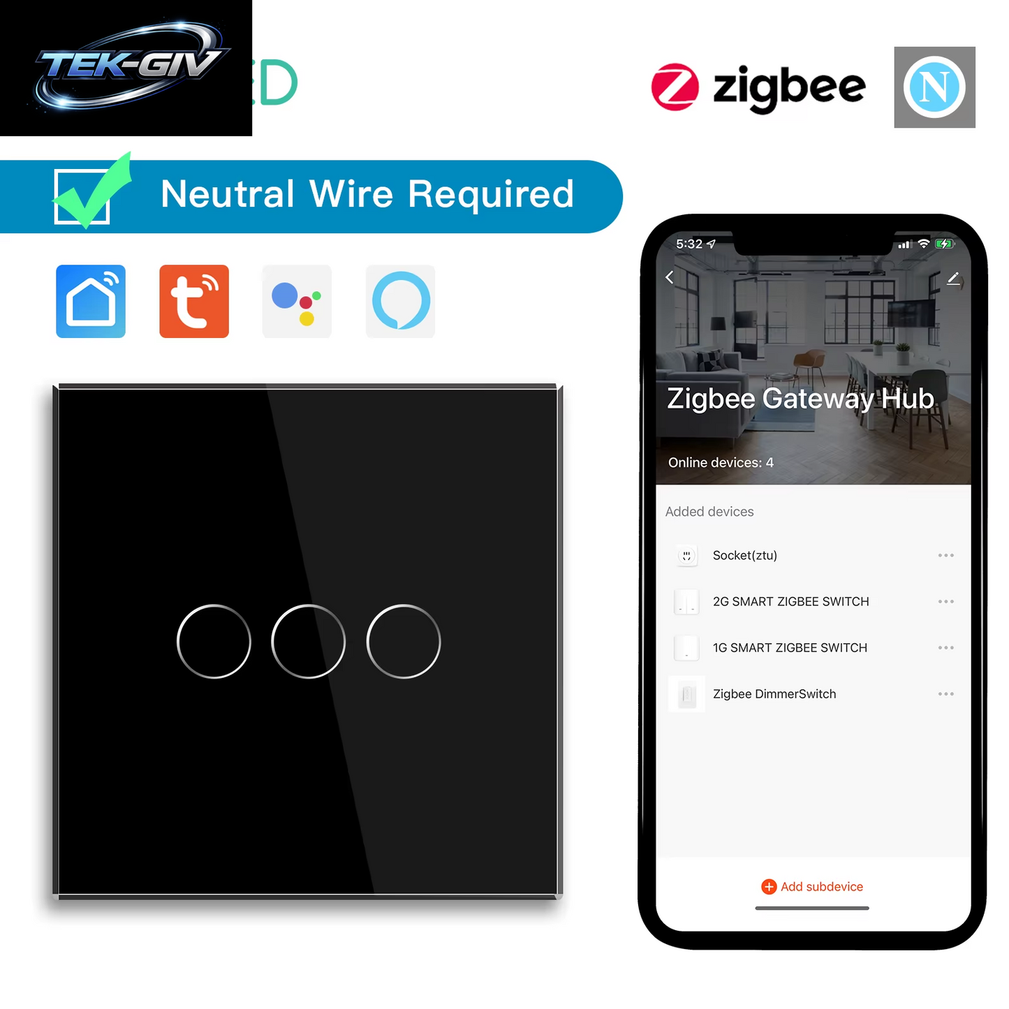 BSEED 1/2/3Gang Zigbee Wand-Touch-Schalter plus Eu-Steckdosen Doppelte Dreifach-Lichtschalter Tuya Smart Life App Neutral Erforderlich