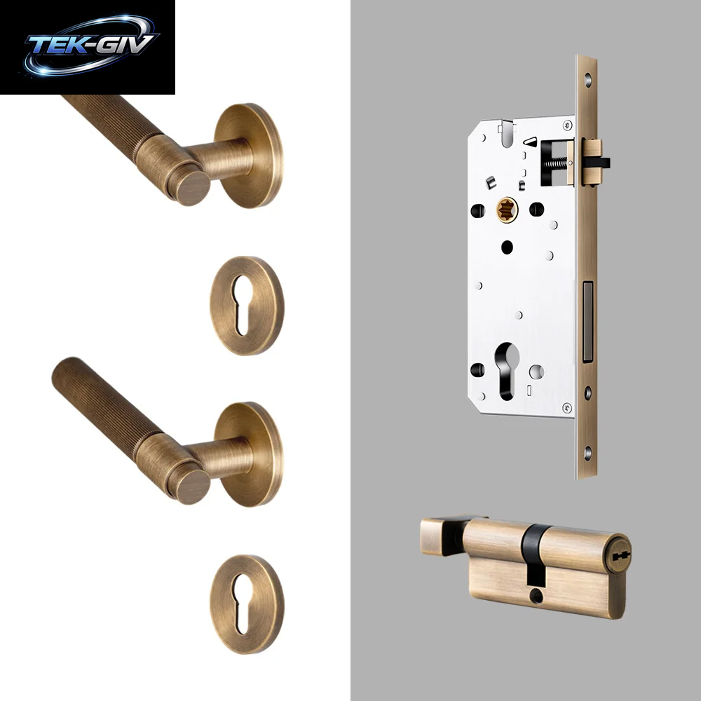 DOOROOM Messing-Türschloss-Set, Modernes Streifenmuster, Antike Bronze, Innentürschloss, Dekoratives Schloss, Privatsphäre-Schloss, Durchgangsschloss