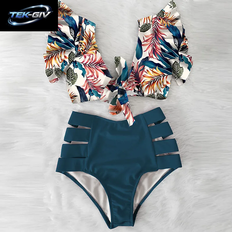 2026 High-Waist Bandage Bikini-Set Für Damen Mit Blumenmuster, Rüschen, Push-Up Und Riemchen – Brasilianischer Biquini Badeanzug