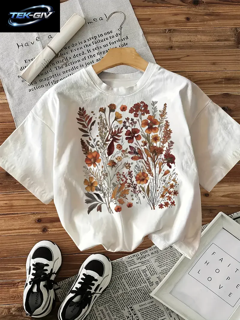 Art Design T-Shirt Damen-T-Shirt Mit Blumen-Grafikdruck, 100 % Baumwolle, Rundhalsausschnitt, Lässig, Kurzärmelig, Für Alle Jahreszeiten