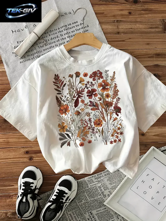 Art Design T-Shirt Damen-T-Shirt Mit Blumen-Grafikdruck, 100 % Baumwolle, Rundhalsausschnitt, Lässig, Kurzärmelig, Für Alle Jahreszeiten
