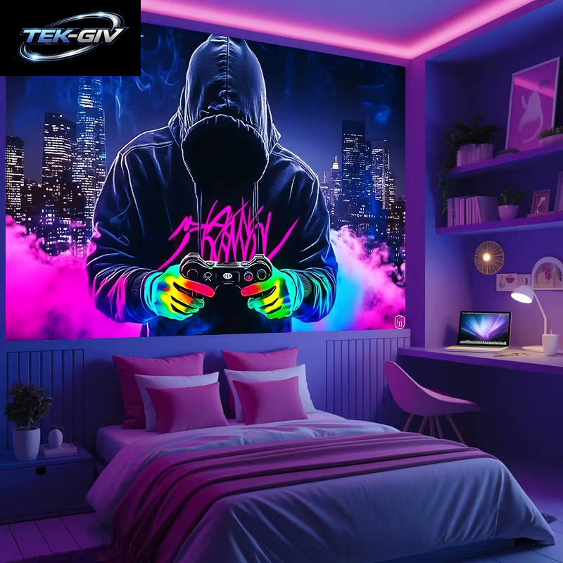 VIKAMA Bunter GAMER Trendy Play Tapisserie Neon Game Controller Dekoration Trendy Cool Esports Room Hintergrundwand