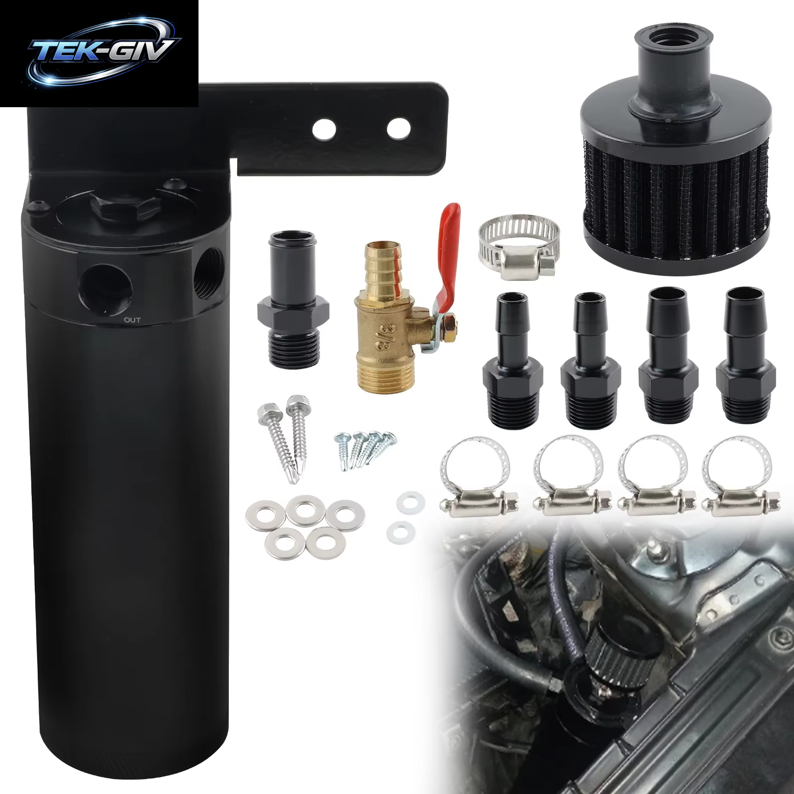 2-Port Schwarz 750Ml Ölfangdose Kit, Universelle Verblüffte Ölfangdose Reservoir Tank Mit Entlüftung Filter Und Ablass Ventil