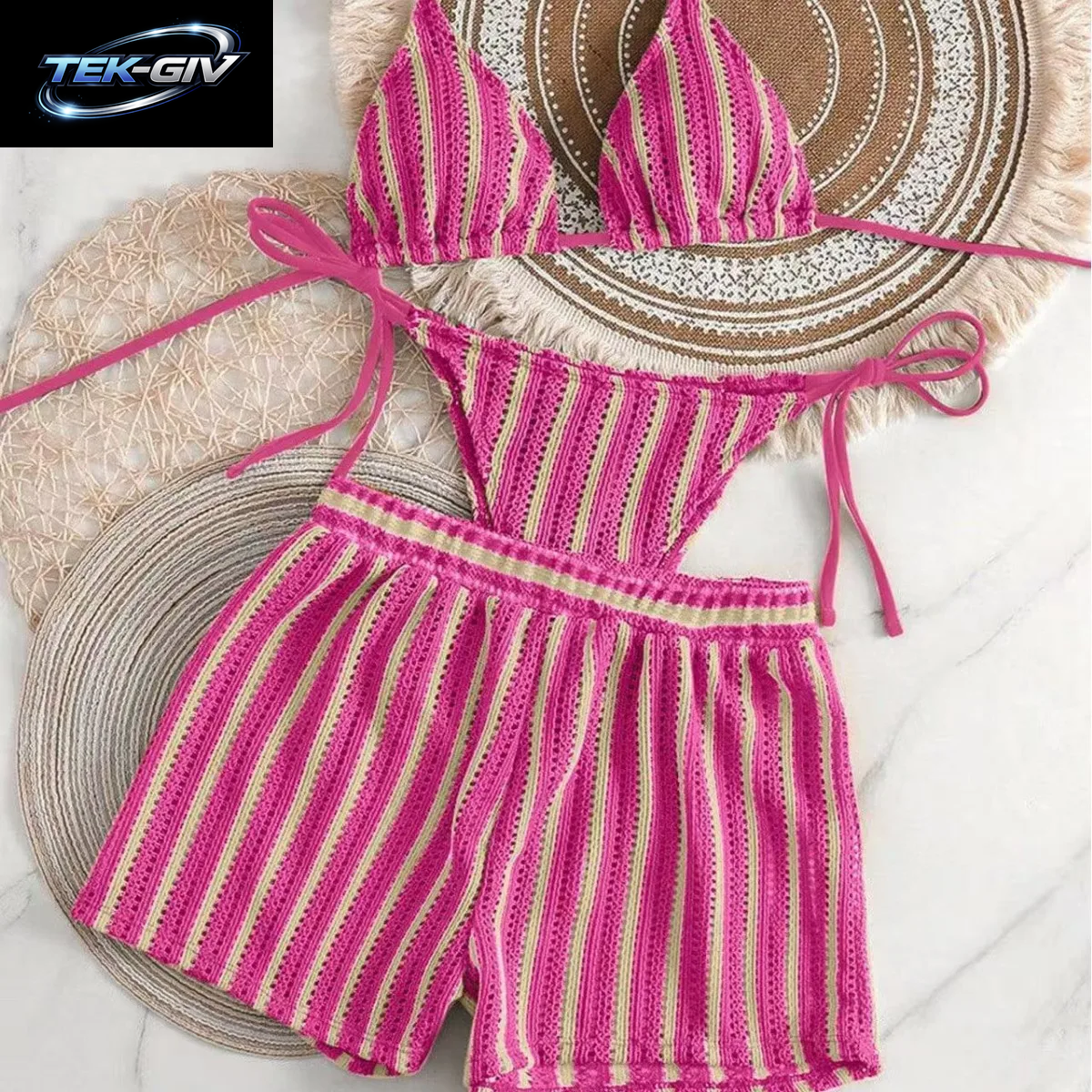 2026 Neuer Stil Boxershorts Mesh Dreiteiliges Damen-Badeanzug-Ausschnitt-Schnür-Bikini-Set