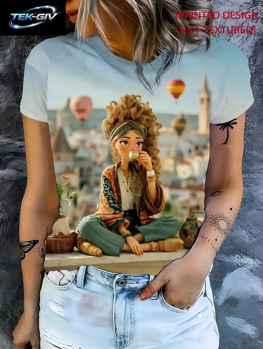 2026 Frühling Sommer Süßes Mädchen-Motiv T-Shirt Locker Sitzend Damen Lässig Lustige Grafik Streetwear Bequeme Kurzarm Damenbekleidung