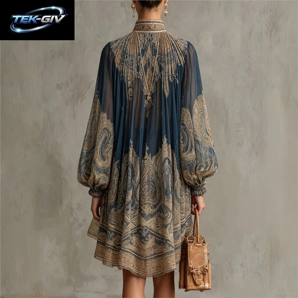 Modisches Bedrucktes Chiffon-Trompetenkleid Mit Langen Ärmeln Für Damen, Frühling Sommer Neues Elegantes Strandkleid Für Urlaub, Locker Geschnittenes Kleid 2026