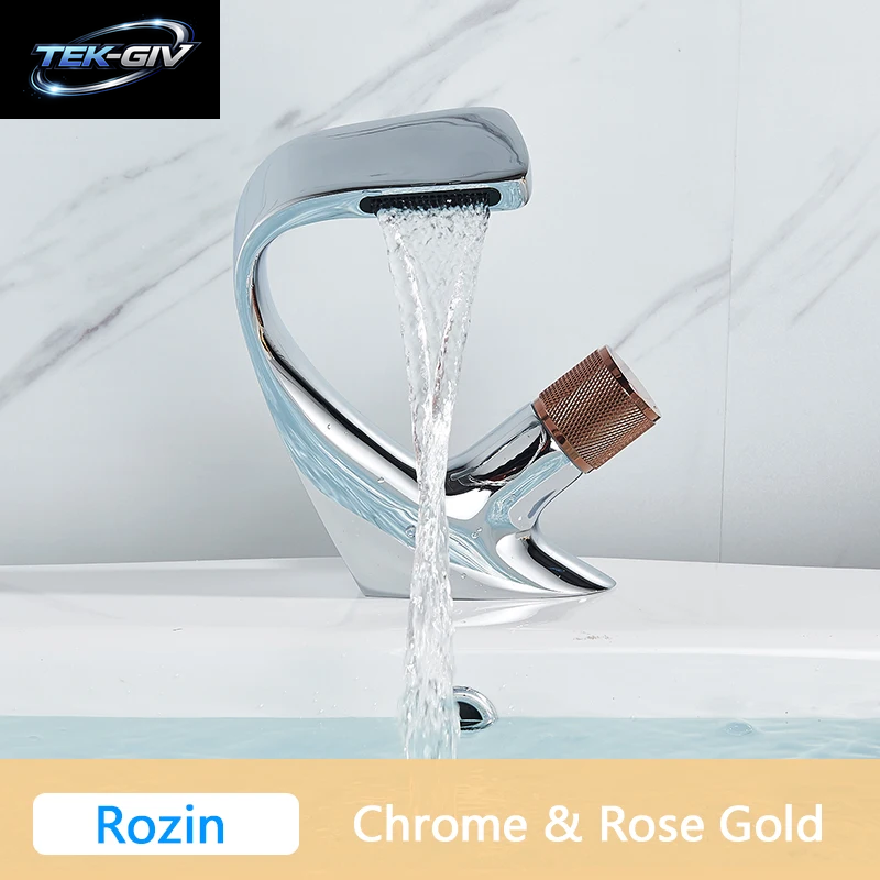 Rozin Matte Schwarz Becken Armaturen Wasserfall Moderne Messing Bad Wasserhahn Deck Montieren Einfache Design Kran Kalten Heißer Wasser Mischbatterie