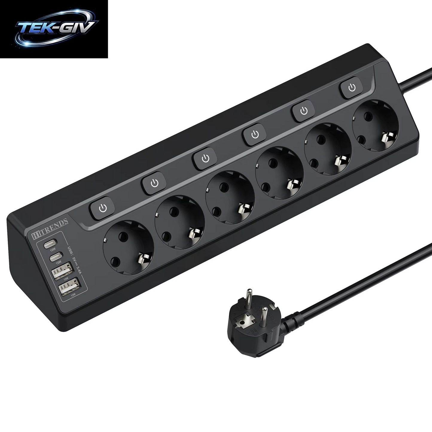 6-Wege-Steckdosenleiste Mit Europäischem Mehrfachstecker Und 2 USB-2 Typ C, Eck-Multifunktionssteckdose Mit 2 M Kabel Für Den Heimtisch