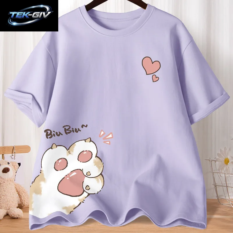 Sommer Cartoon Nette Süße Katze Klaue Liebe Gedruckt Kurzarm T-Shirt Frauen Lose Jugend Student Halbe Hülse Übergroßen Shirt Top