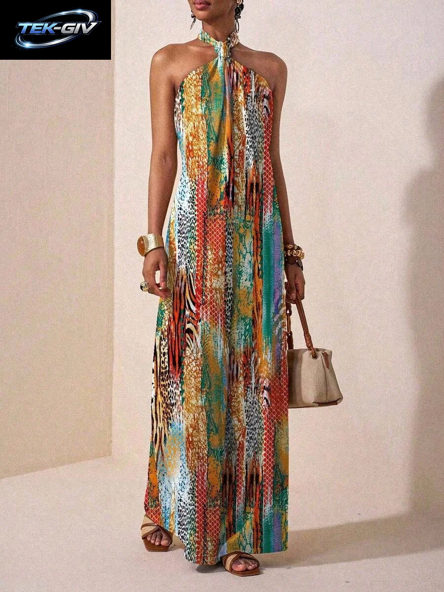 Damen-Maxikleid Mit Neckholder-Ausschnitt, Rückenfrei, Bedruckt, Lockere Passform, Ärmellos, Bohemian-Stil, Freizeitkleid, Frühling, Sommer, Urlaub, Strand-Outfit