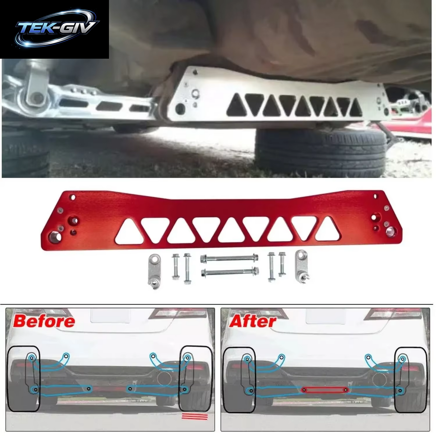 Billet Aluminium HINTERER SUBFRAME BRACE + SPURENSTANGE + Hinterer Unterer Querlenker Für Honda Civic EG 92-95 Gold Rot Silber