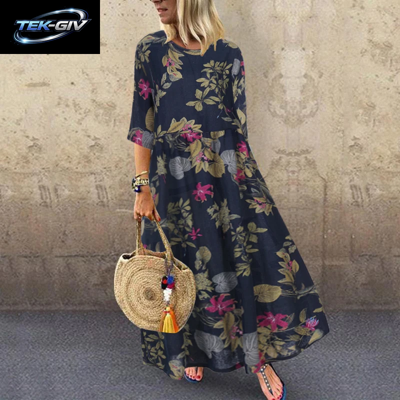 Damen Sommerkleid Mit Kurzen Ärmeln, ZANZEA Damenkleid Mit Blumenmuster, Bohemian-Stil, Elegant, Lässig, Übergroß, Lange Urlaubskleider