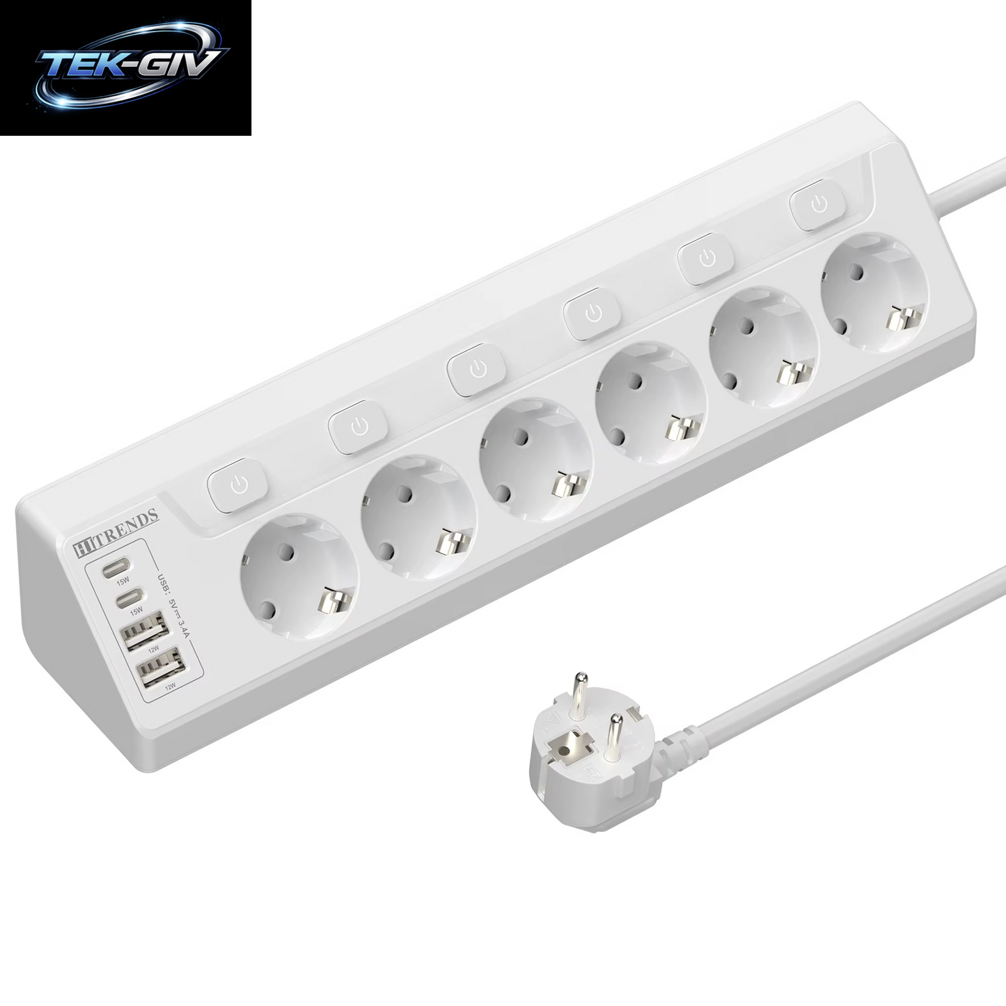 6-Wege-Steckdosenleiste Mit Europäischem Mehrfachstecker Und 2 USB-2 Typ C, Eck-Multifunktionssteckdose Mit 2 M Kabel Für Den Heimtisch