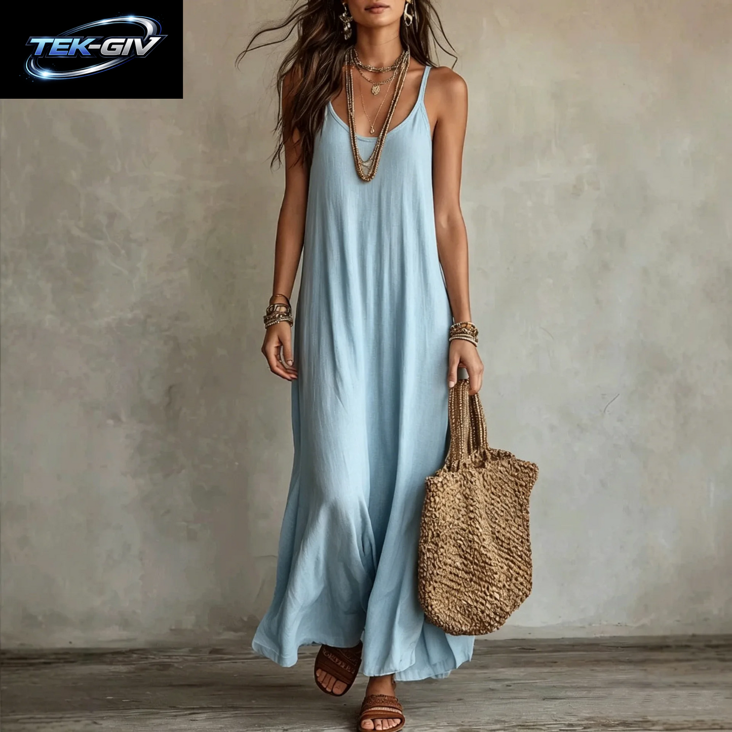 Rückenfreie Cami-Kleider Sommer Damen Boho-Kleid Spaghetti-Träger Ärmellos Lässiges Maxikleid Langes Sommerkleid Urlaubs-Strandkleidung