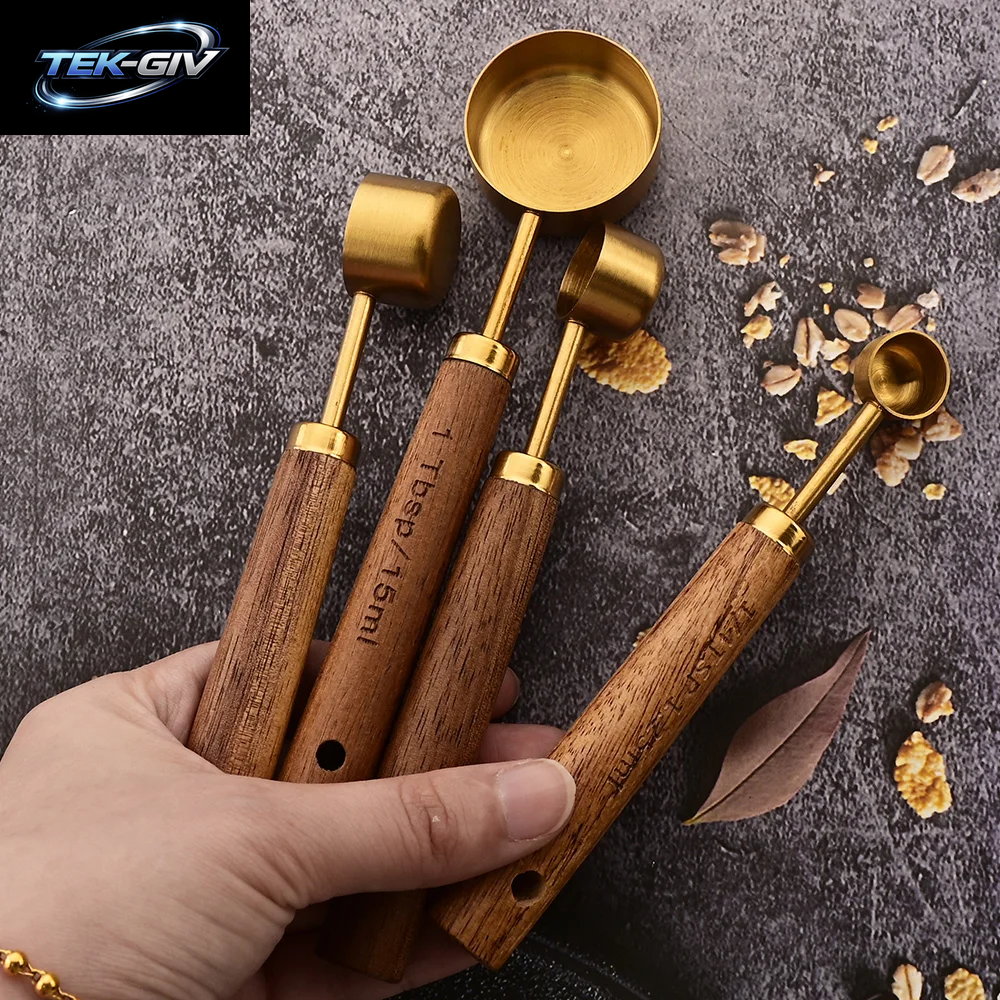Gold Holzgriff Edelstahl Messbecher Löffel Backwerkzeuge Kaffee Messlöffel Set Barkeeper Maßstab Zubehör