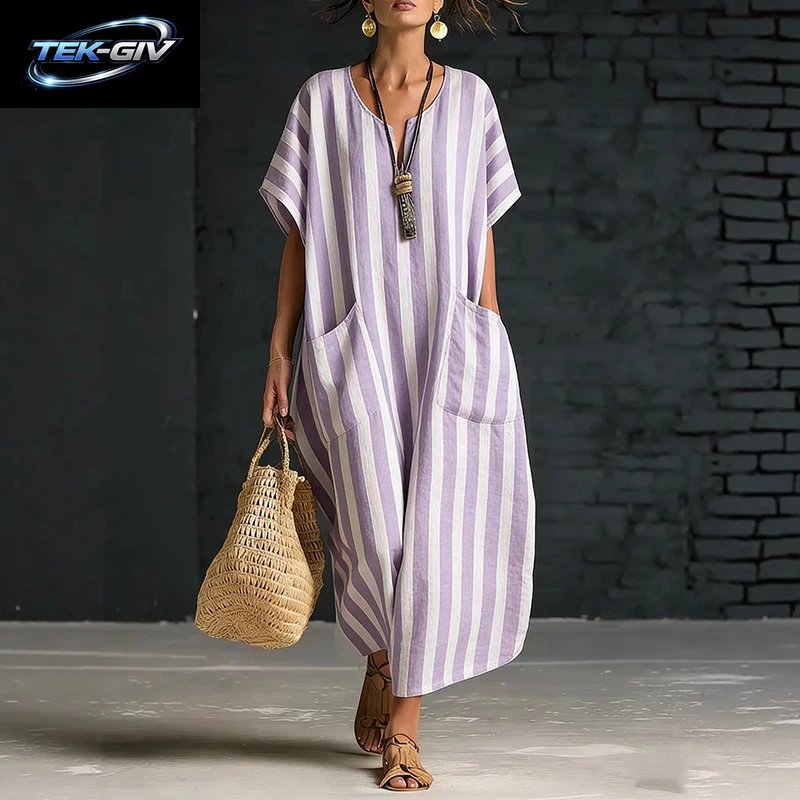 Sommer Strandkleid Für Damen, Lässiges V-Ausschnitt-Kleid Mit Streifenmuster, Lockeres Maxikleid Mit Taschen, Boho-Partykleid
