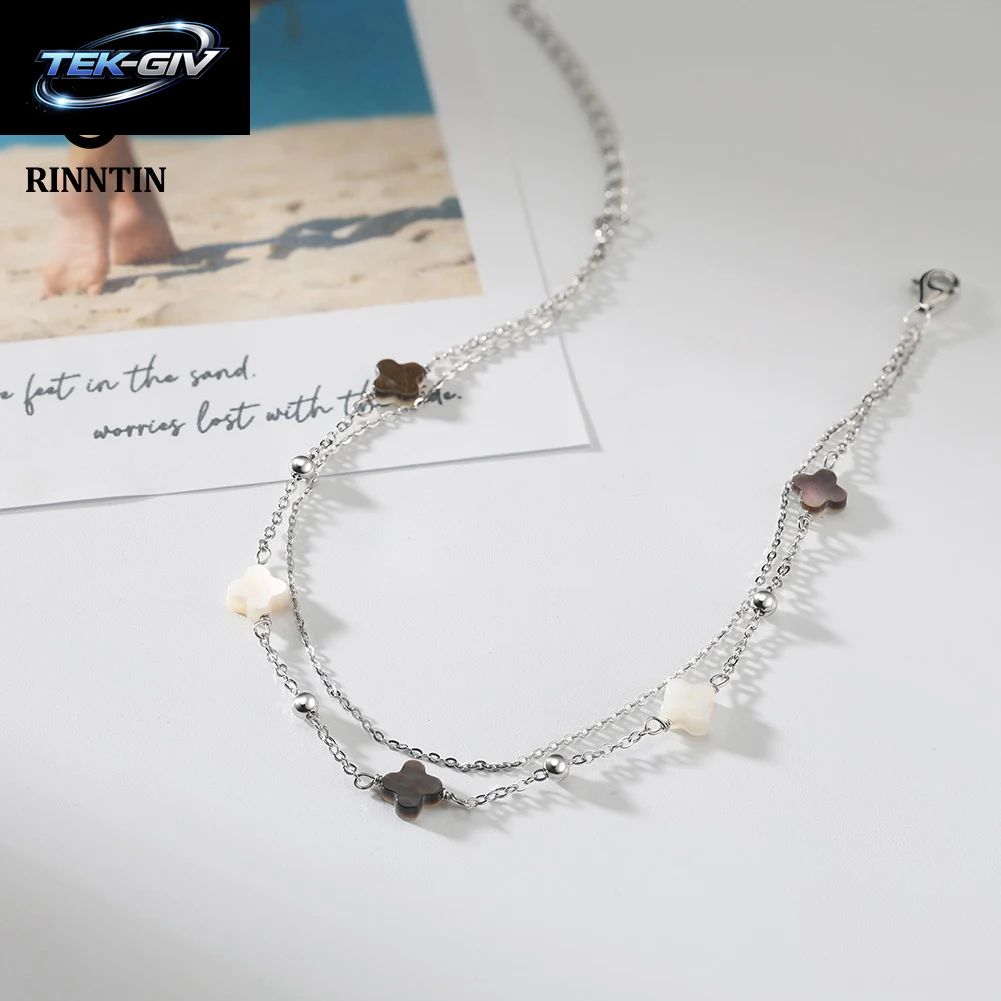 Rinntin Fußkettchen Aus Echtem 925Er-Sterlingsilber, Doppellagig, Kleeblatt-Kette, Glücksklee-Charm-Fußkettchen, Armband, Damenschmuck, GMA02