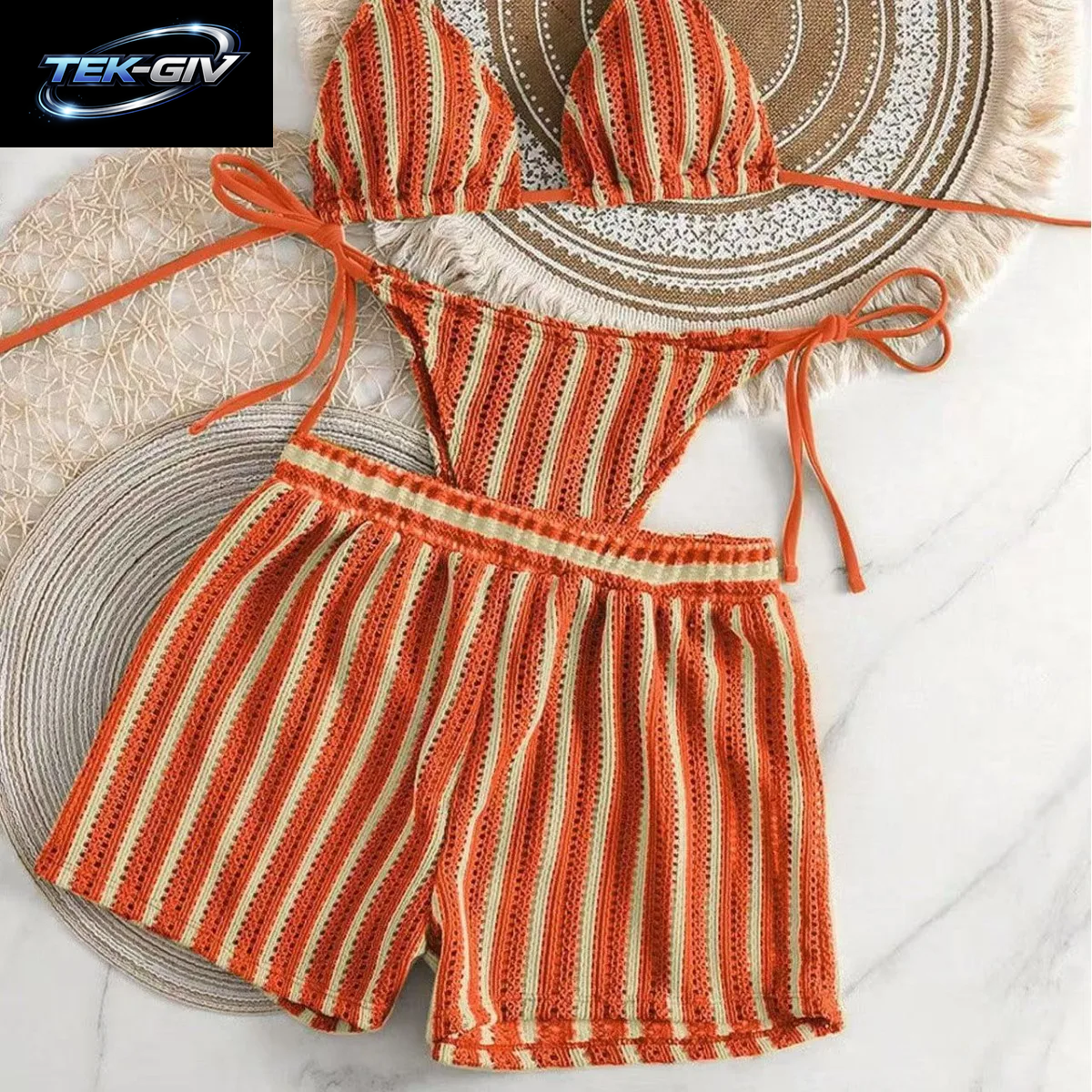 2026 Neuer Stil Boxershorts Mesh Dreiteiliges Damen-Badeanzug-Ausschnitt-Schnür-Bikini-Set